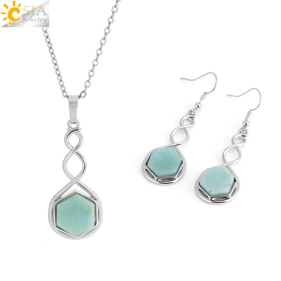CSAlbaneParure de bijoux en pierre naturelle pour femme, boucles d'oreilles, collier, hexagone, pendentif en cristal, acier inoxydable, accessoires de bijoux, H577