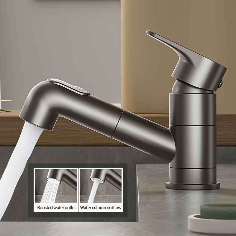 Contemporary Brass Pull-Out Bathroom Sink Faucet with Dual Spout Function, 360-Degree Swivel, Single Hole Deck Mount, Ceramic Valve Core, Hot and Cold Water Mixer, Paint Finished Surface