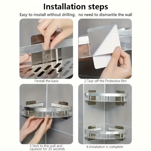 1pc No-Drill Corner Shower Caddy - Wall Mounted Bathroom Storage Rack for Shampoo & Accessories