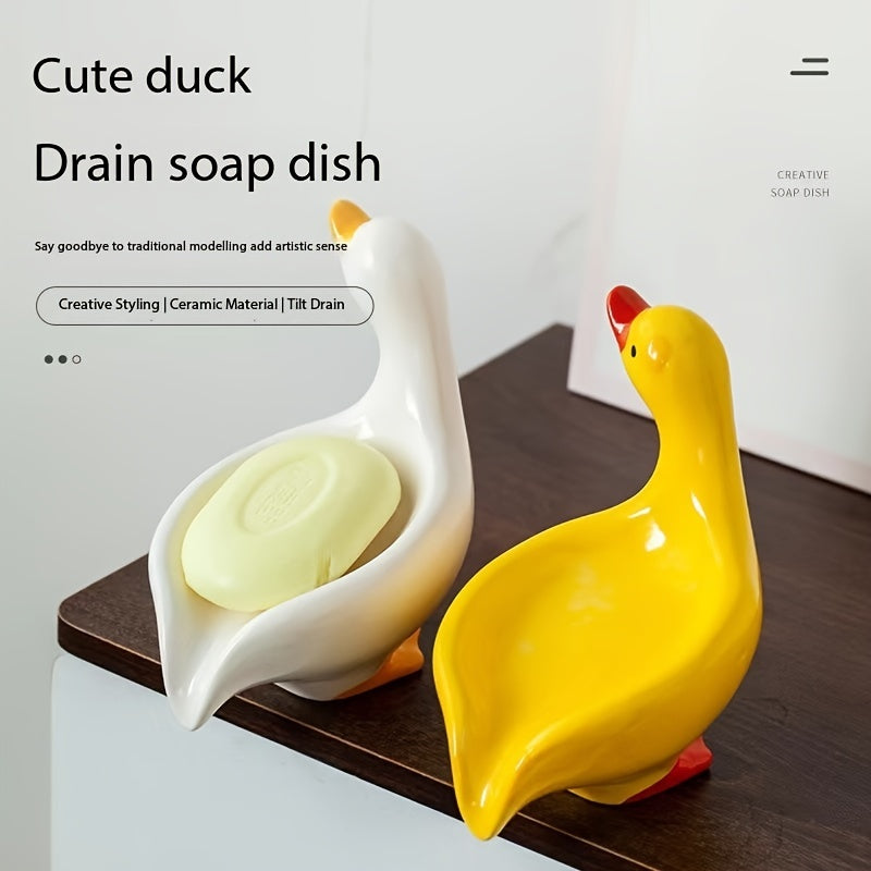 Porcelain Cute Duck Soap Dish, Cute Duck Bathroom Soap Holder, Anti-water Storage Rack, Washbasin Decor