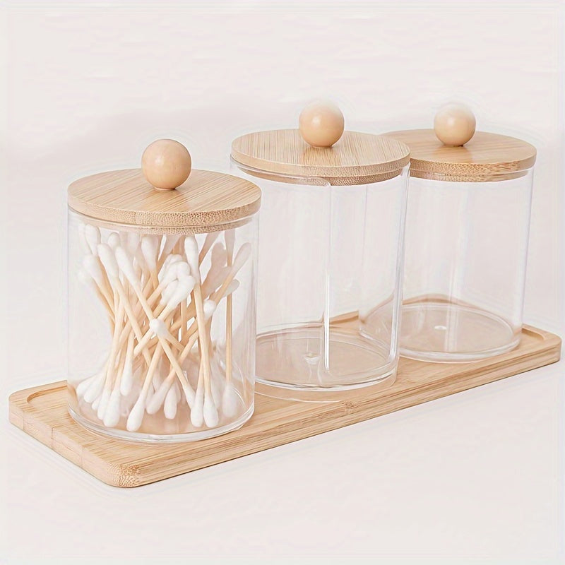 10 oz Qtip Holder with Vanity Tray, 3 Pack Cotton Swab/Ball/Pad Dispenser Apothecary Jar, Clear Bathroom Containers Dispenser for Storage Bamboo Lids