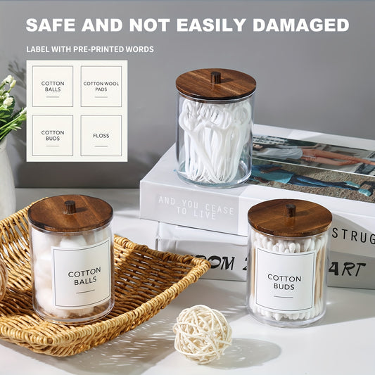 Vintage Style Qtip Dispenser Set with Lidded Wood Tops - Clear Plastic Apothecary Jars, 4-Pack Bathroom Vanity Organizer for Cotton Swabs, Pads, Balls, Floss - Transparent Storage Containers with Window-View Design, Baskets,