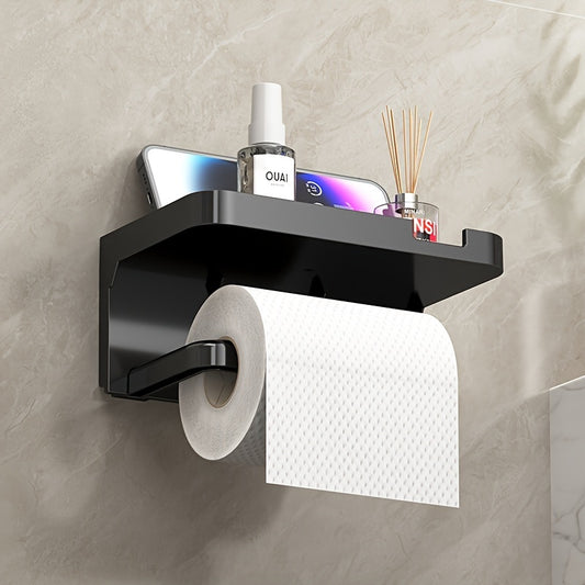 1pc No-Drill Toilet Paper Holder, Hygienic Drawer Roll Paper Rack, Wall-Mounted Bathroom Tissue Holder with Phone Stand, Plastic Material