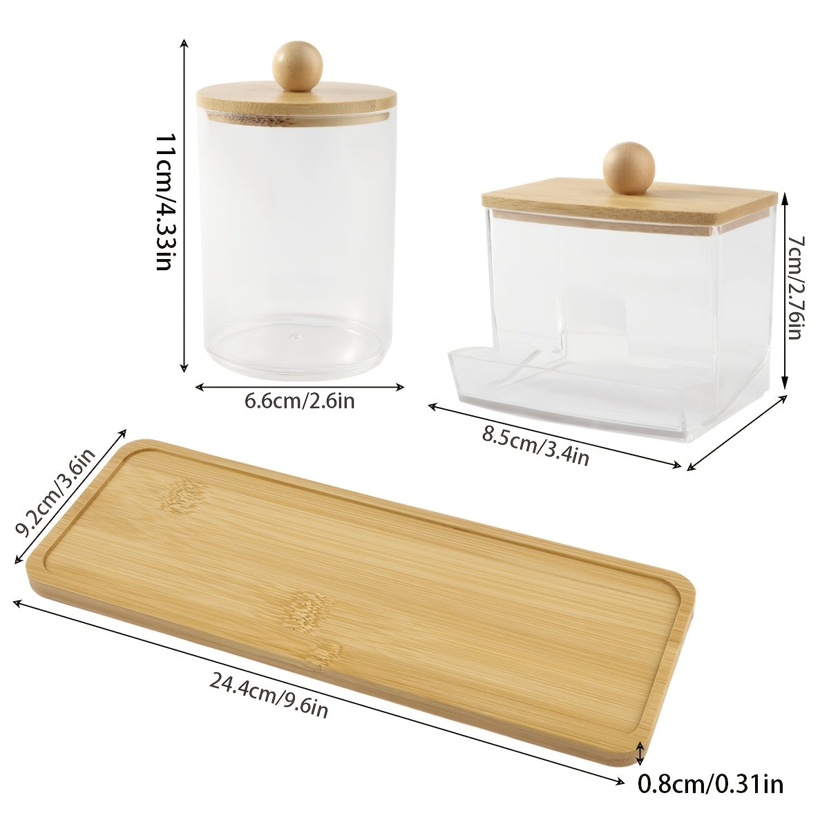 10 oz Qtip Holder with Vanity Tray, 3 Pack Cotton Swab/Ball/Pad Dispenser Apothecary Jar, Clear Bathroom Containers Dispenser for Storage Bamboo Lids