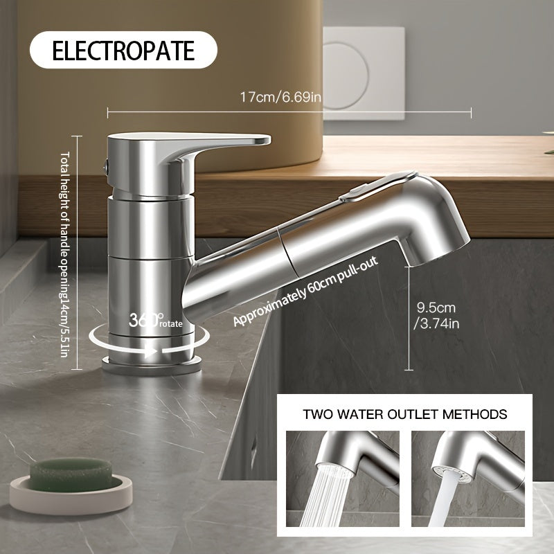 Contemporary Brass Pull-Out Bathroom Sink Faucet with Dual Spout Function, 360-Degree Swivel, Single Hole Deck Mount, Ceramic Valve Core, Hot and Cold Water Mixer, Paint Finished Surface