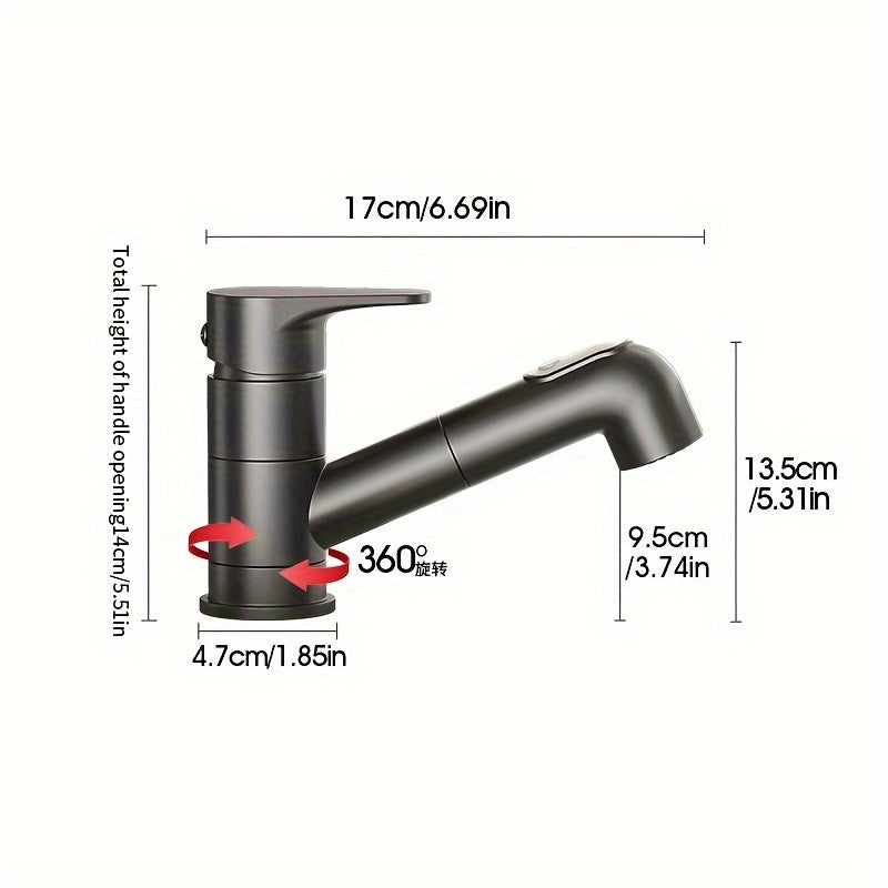Contemporary Brass Pull-Out Bathroom Sink Faucet with Dual Spout Function, 360-Degree Swivel, Single Hole Deck Mount, Ceramic Valve Core, Hot and Cold Water Mixer, Paint Finished Surface