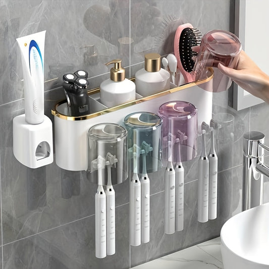 Wall-Mounted Toothbrush Holder Set with Adhesive, No-Drill Installation, Bathroom Storage Organizer with Multiple Slots for Toothbrushes, Toothpaste, Razor, and Tooth-Mug Cups - Unscented, Use Without Power