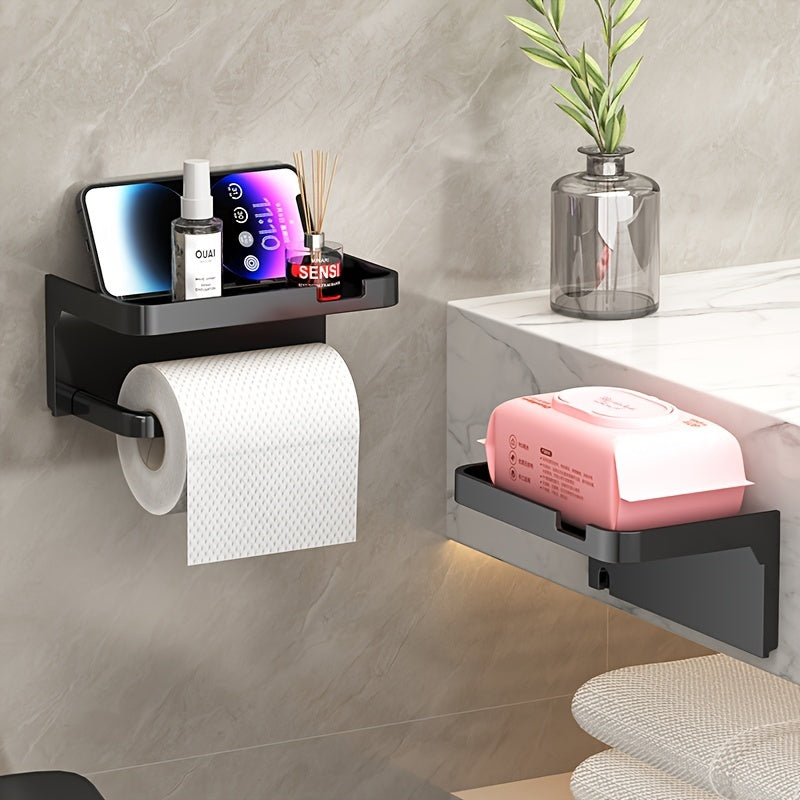 1pc No-Drill Toilet Paper Holder, Hygienic Drawer Roll Paper Rack, Wall-Mounted Bathroom Tissue Holder with Phone Stand, Plastic Material