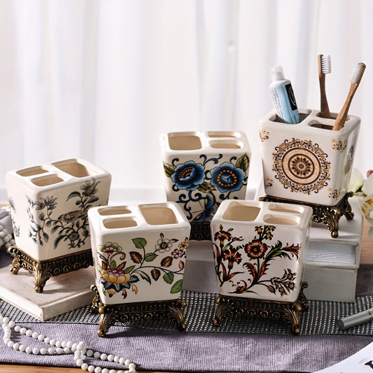 Minimalist Design, Vintage-Inspired Ceramic Toothbrush Holder - Freestanding, Couple's Bathroom Organizer for Toothpaste & Brushes, Christmas/Halloween Gift Decoration