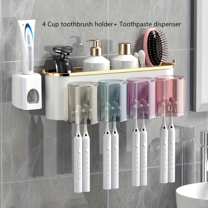 Wall-Mounted Toothbrush Holder Set with Adhesive, No-Drill Installation, Bathroom Storage Organizer with Multiple Slots for Toothbrushes, Toothpaste, Razor, and Tooth-Mug Cups - Unscented, Use Without Power