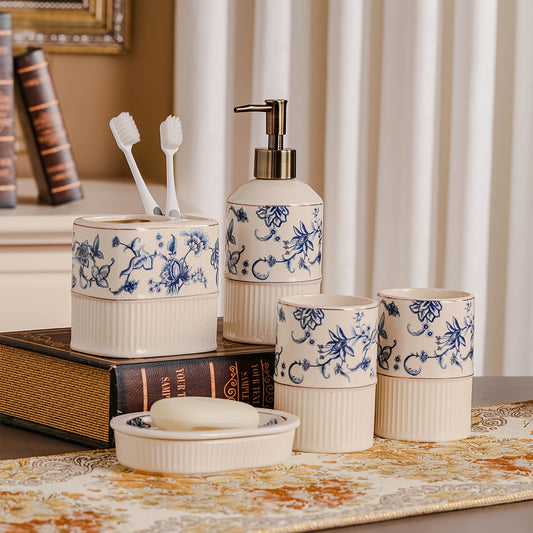 5pcs Ceramic Bathroom Accessory Set - Includes Lotion Dispenser, Soap Dish, Mouthwash Cup & Toothbrush Holder - Elegant Home & Hotel Decor, Storage And Organization
