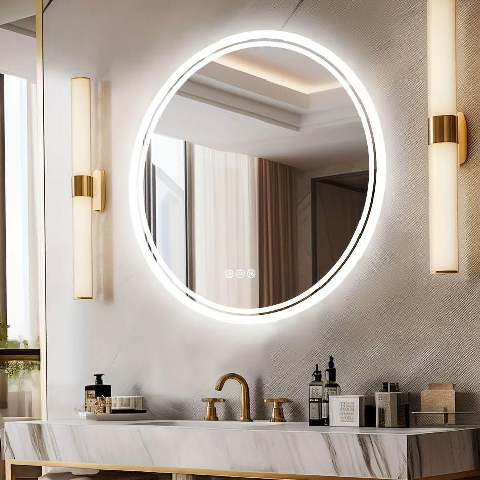 LED Bathroom Mirror Round: Lighting Dimmable Backlit Wall Mirror, Circle Illuminated Anti-Foge Vanity Mirror, 3 Smart Touch Button Makeup With Brightness Adjustable, Memory Function Modern Shaving Mirror With Acrylic Edge