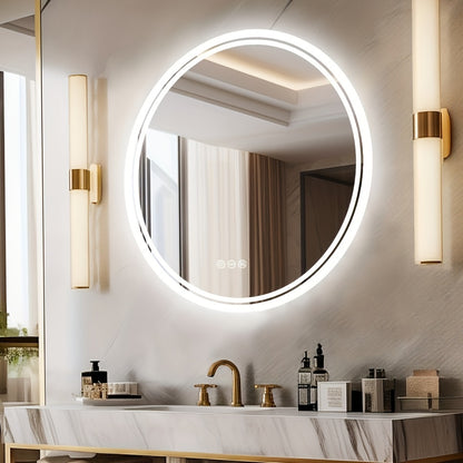LED Bathroom Mirror Round: Lighting Dimmable Backlit Wall Mirror, Circle Illuminated Anti-Foge Vanity Mirror, 3 Smart Touch Button Makeup With Brightness Adjustable, Memory Function Modern Shaving Mirror With Acrylic Edge