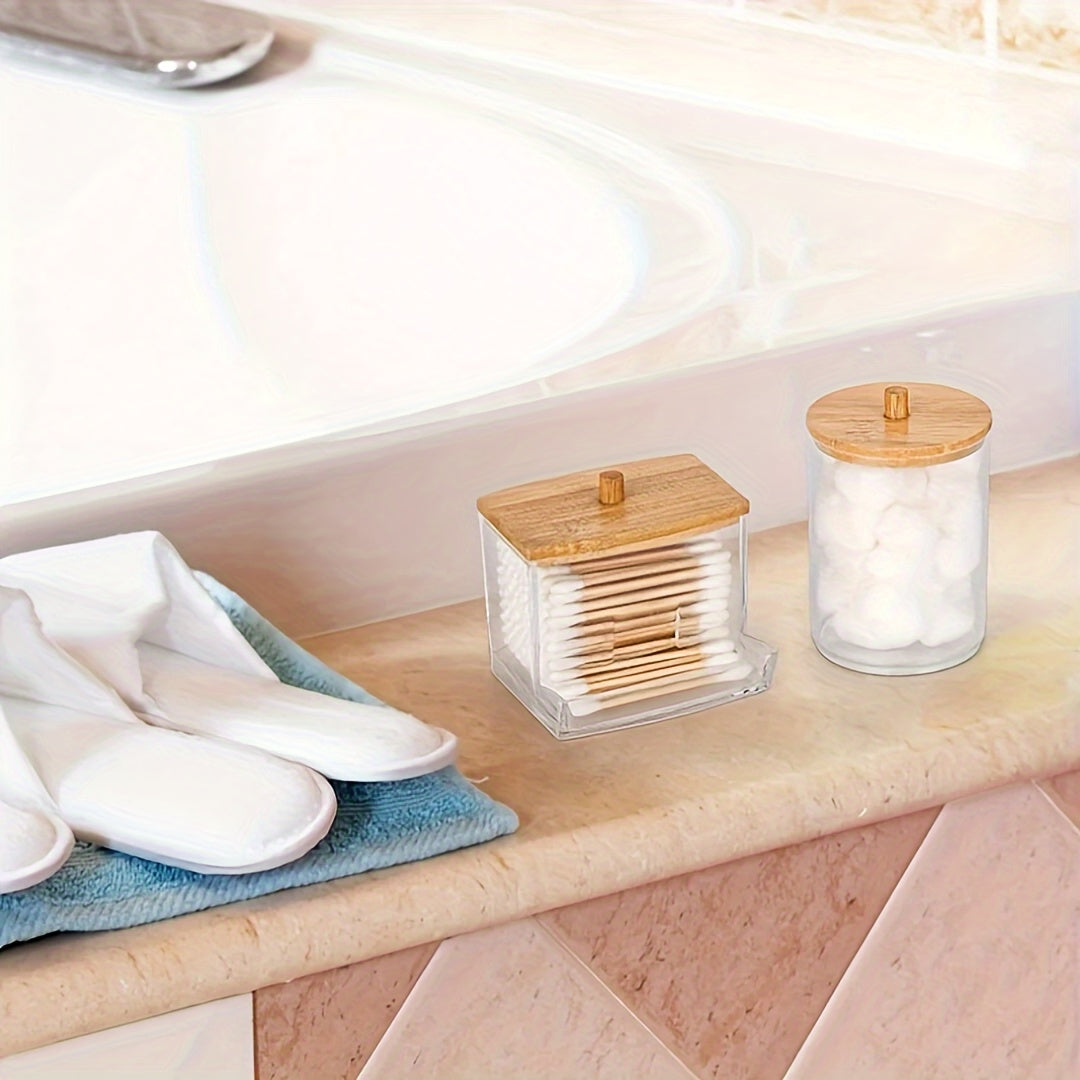 3pcs Makeup Organizer Set with Bamboo Lids - Dust-Proof, Portable Swab & Pad Holder for Bathroom Vanity