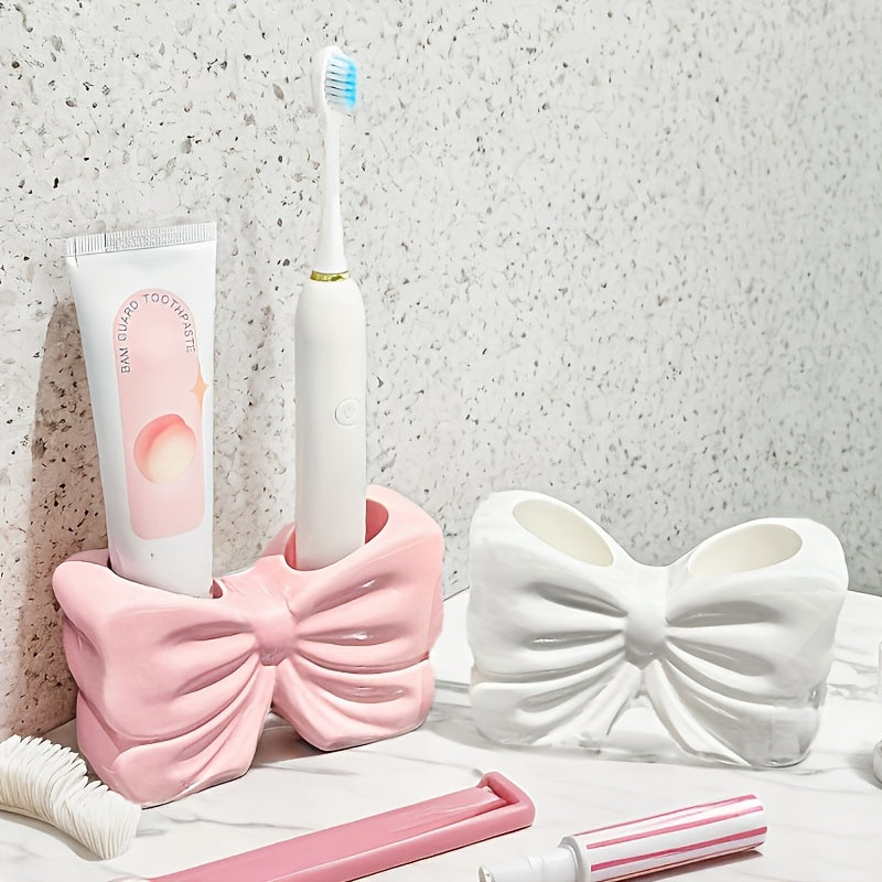 Home Design Cute Girl Heart Bow Toothbrush Holder Bathroom Washstand Toothpaste Ceramic Storage Rack, Shower Caddies