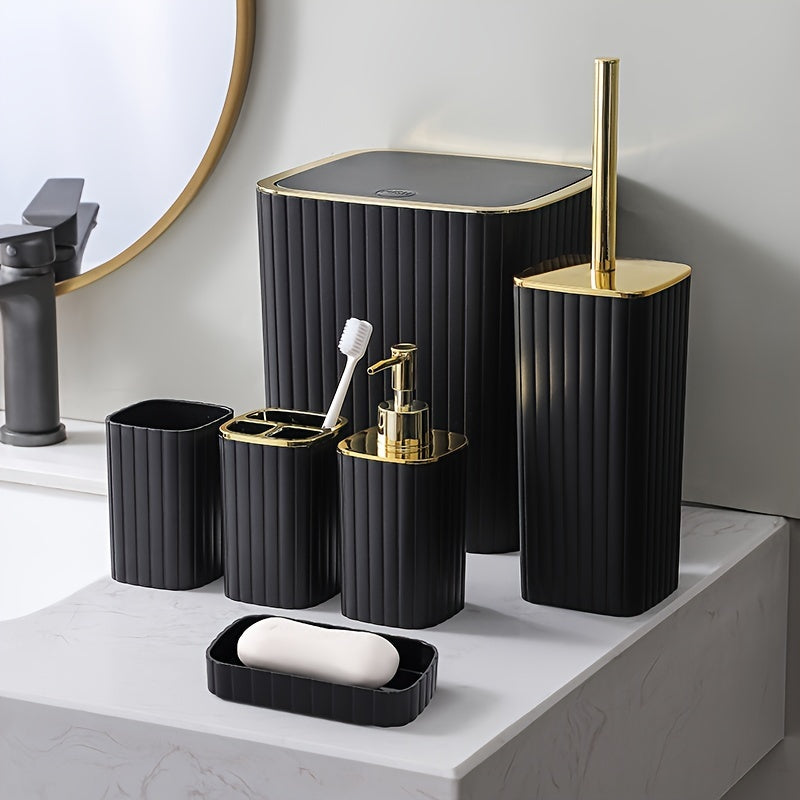 6pcs Black Bathroom Supplies Gold-plated Set Toilet Set, The Set Includes Trash Can, Toilet Brush, Soap Dispenser, Toothbrush Cup, Mouthwash Cup, Soap Box