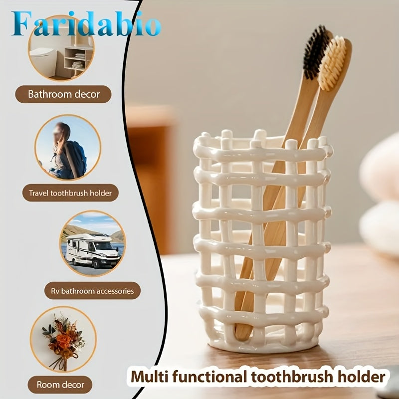 1Pc Hand Woven Ceramic Toothbrush Holder - Freestanding Toothpaste Storage Container for Bathroom Accessories, Non-Electric Organizer