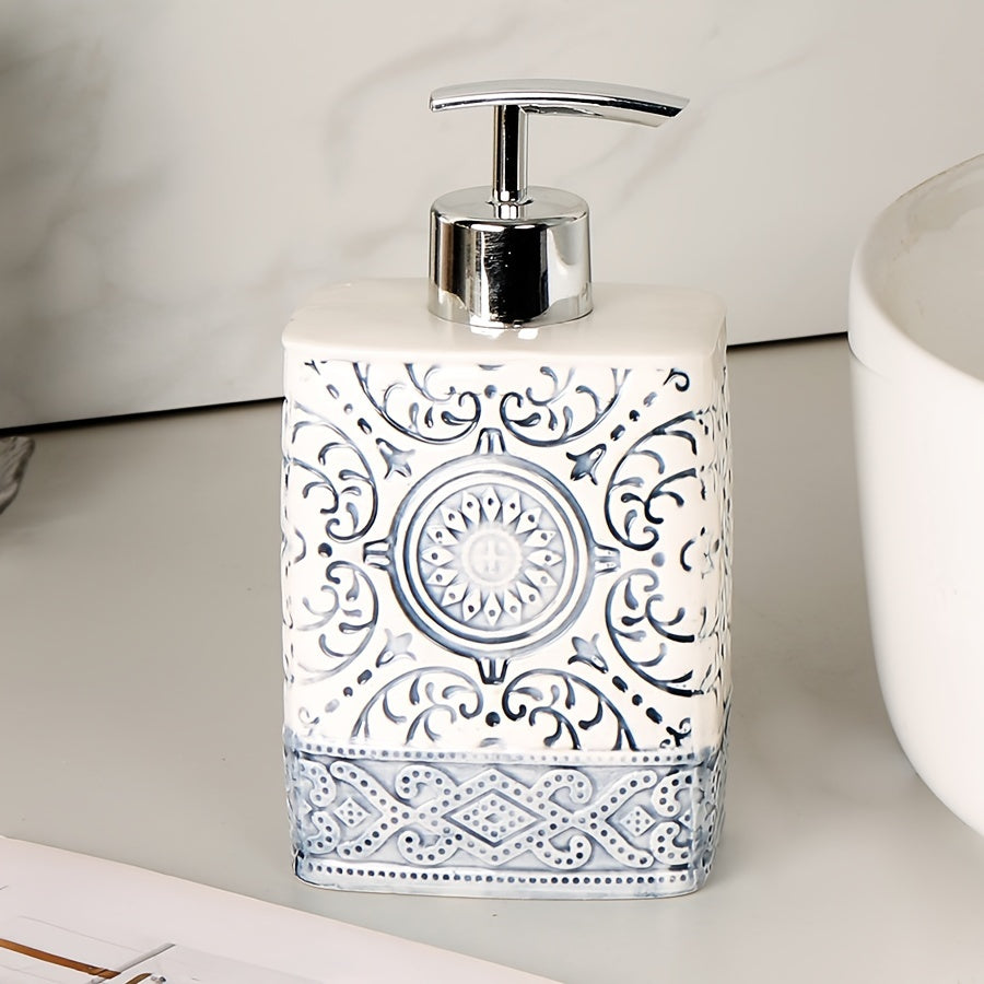 Porcelain Soap Dispenser Manual Pump Bottle Suitable for Bathroom Kitchen, Refillable Liquid Soap Container Bohemian Style Embossed Hand Bottle