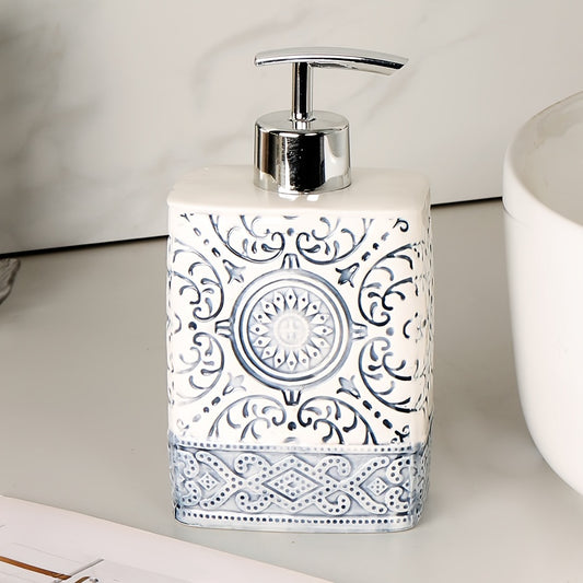 Porcelain Soap Dispenser Manual Pump Bottle Suitable for Bathroom Kitchen, Refillable Liquid Soap Container Bohemian Style Embossed Hand Bottle