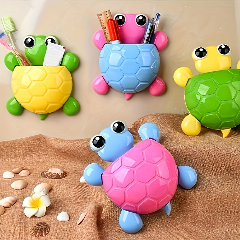 Wall-mounted suction cup storage rack with a cute little turtle design, 1pc, toothbrush holder, creative cartoon bedroom living room kitchen bathroom organizer, toothpaste holder, home decoration bathroom supplies