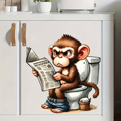 1pc Newspaper-Reading Monkey Toilet Sticker, Animal Series, Self-Adhesive, Ceramic-Compatible, Bathroom Decor, Lid & Tank Decal, Square, Semi-Gloss Finish