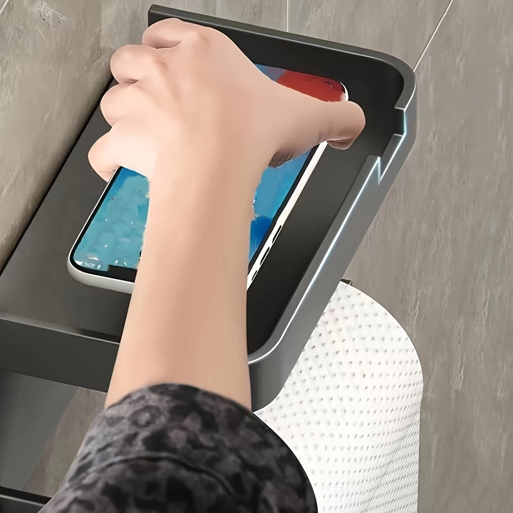 Wall-Mounted Toilet Paper Holder with Shelf and Phone Holder, Plastic, Self-Adhesive, No-Drill for Bathroom Tissue Roll Dispenser