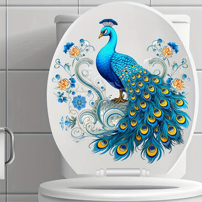Peacock Toilet Lid Decal - 1pc Self-adhesive Animal Print Bathroom Decoration, Semi-glossy Finish, Plastic Surface Compatible, Single Use Peel and Stick Tank Cover Embellishment