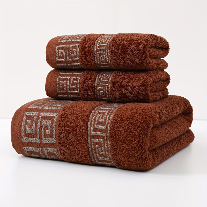 3pcs 100% Cotton Towel Set (1 Bath Towel, 2 Washcloths) GSM410, Exquisite Embroidery, Geometric Pattern, Luxury Style Bath Towel, Very Soft, Very Absorbent, Not Easy to Shed And Not Easy to Fade, Bathroom Essentials, Suitable