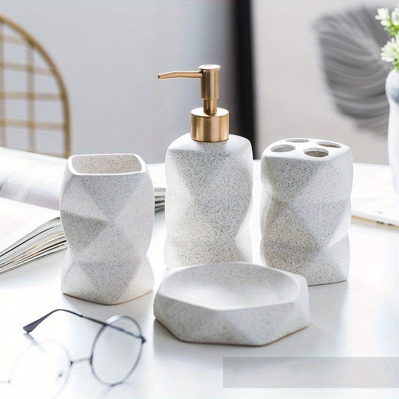 4pcs Geometric Ceramic Bathroom Set - Pink & White, Includes Soap Dish, Lotion Bottle, Toothbrush Holder, Mouthwash Cup - Ideal for Hotel & Club Use, Hotel Bathroom Set|Modern Bathroom Set|Ceramic Construction, Bathroom Acces