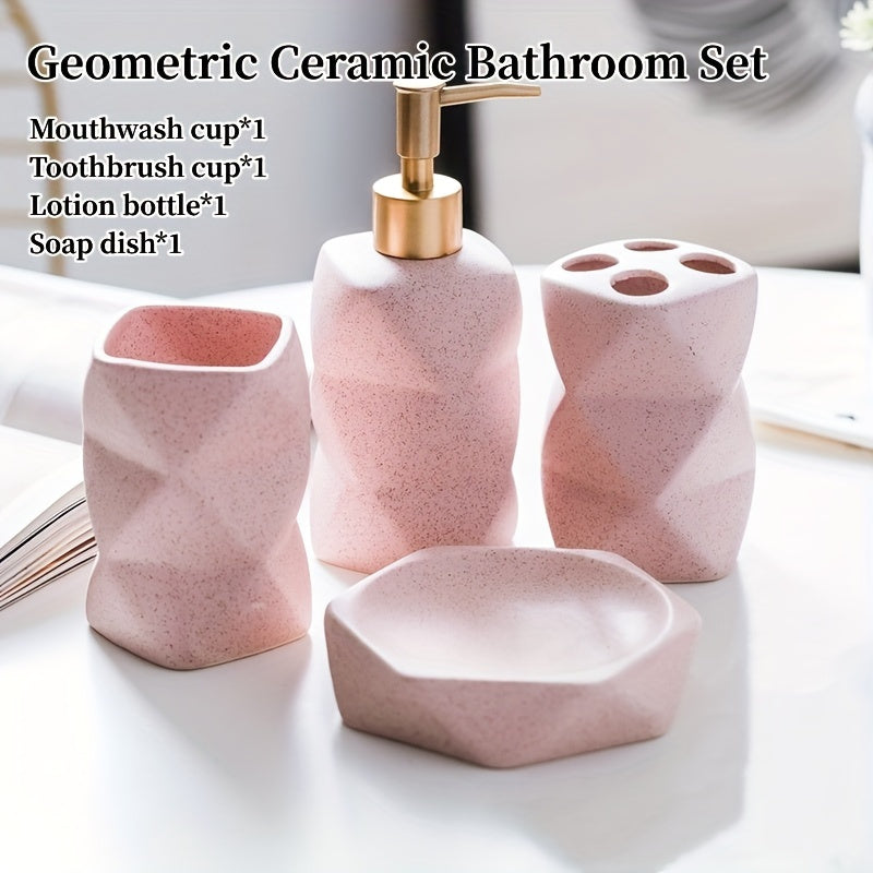 4pcs Geometric Ceramic Bathroom Set - Pink & White, Includes Soap Dish, Lotion Bottle, Toothbrush Holder, Mouthwash Cup - Ideal for Hotel & Club Use, Hotel Bathroom Set|Modern Bathroom Set|Ceramic Construction, Bathroom Acces