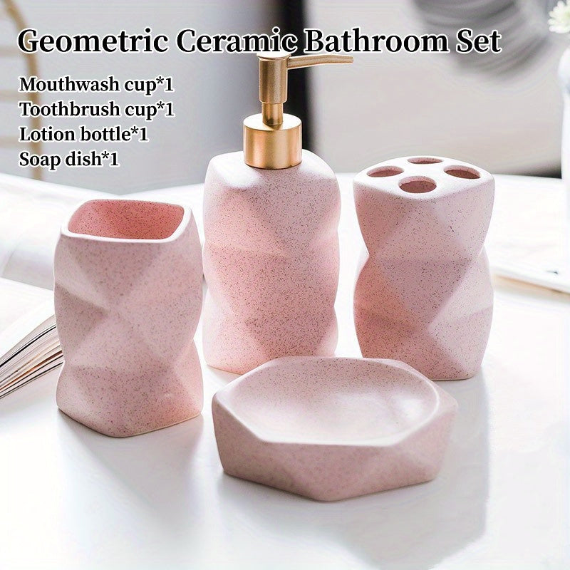 4pcs Geometric Ceramic Bathroom Set - Pink & White, Includes Soap Dish, Lotion Bottle, Toothbrush Holder, Mouthwash Cup - Ideal for Hotel & Club Use, Hotel Bathroom Set|Modern Bathroom Set|Ceramic Construction, Bathroom Acces