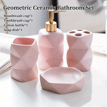 4pcs Geometric Ceramic Bathroom Set - Pink & White, Includes Soap Dish, Lotion Bottle, Toothbrush Holder, Mouthwash Cup - Ideal for Hotel & Club Use, Hotel Bathroom Set|Modern Bathroom Set|Ceramic Construction, Bathroom Acces