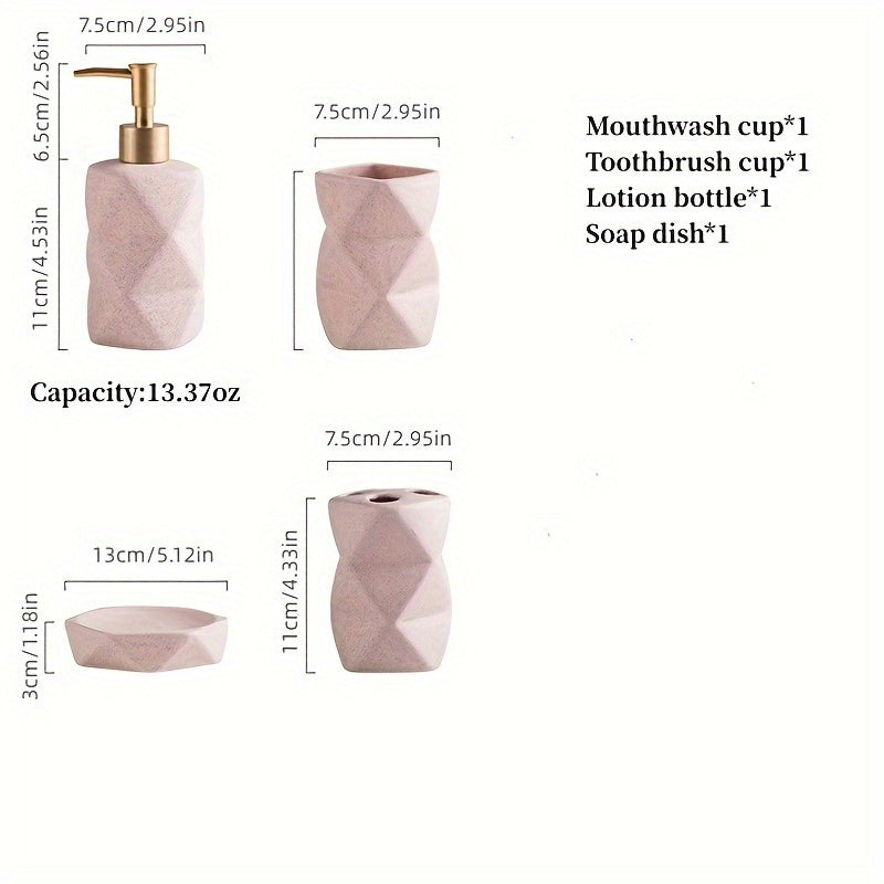 4pcs Geometric Ceramic Bathroom Set - Pink & White, Includes Soap Dish, Lotion Bottle, Toothbrush Holder, Mouthwash Cup - Ideal for Hotel & Club Use, Hotel Bathroom Set|Modern Bathroom Set|Ceramic Construction, Bathroom Acces