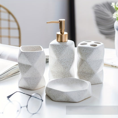 4pcs Geometric Ceramic Bathroom Set - Pink & White, Includes Soap Dish, Lotion Bottle, Toothbrush Holder, Mouthwash Cup - Ideal for Hotel & Club Use, Hotel Bathroom Set|Modern Bathroom Set|Ceramic Construction, Bathroom Acces