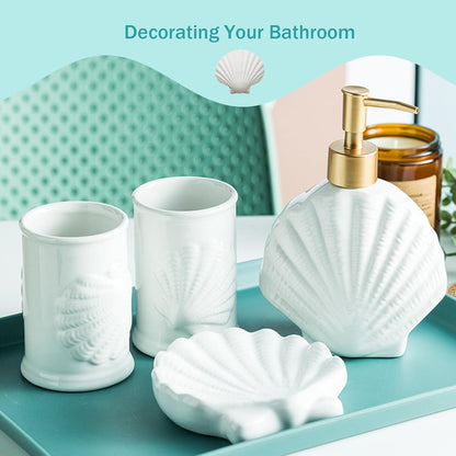 Bathroom Accessories Set, 4pcs Beach Starfish Ensemble Sets Ceramic Bathroom Counter Sets Includs Soap Dispenser Soap Dish & 2 Gargle Cup, Creative Bathroom Kit for Home Office Hotel