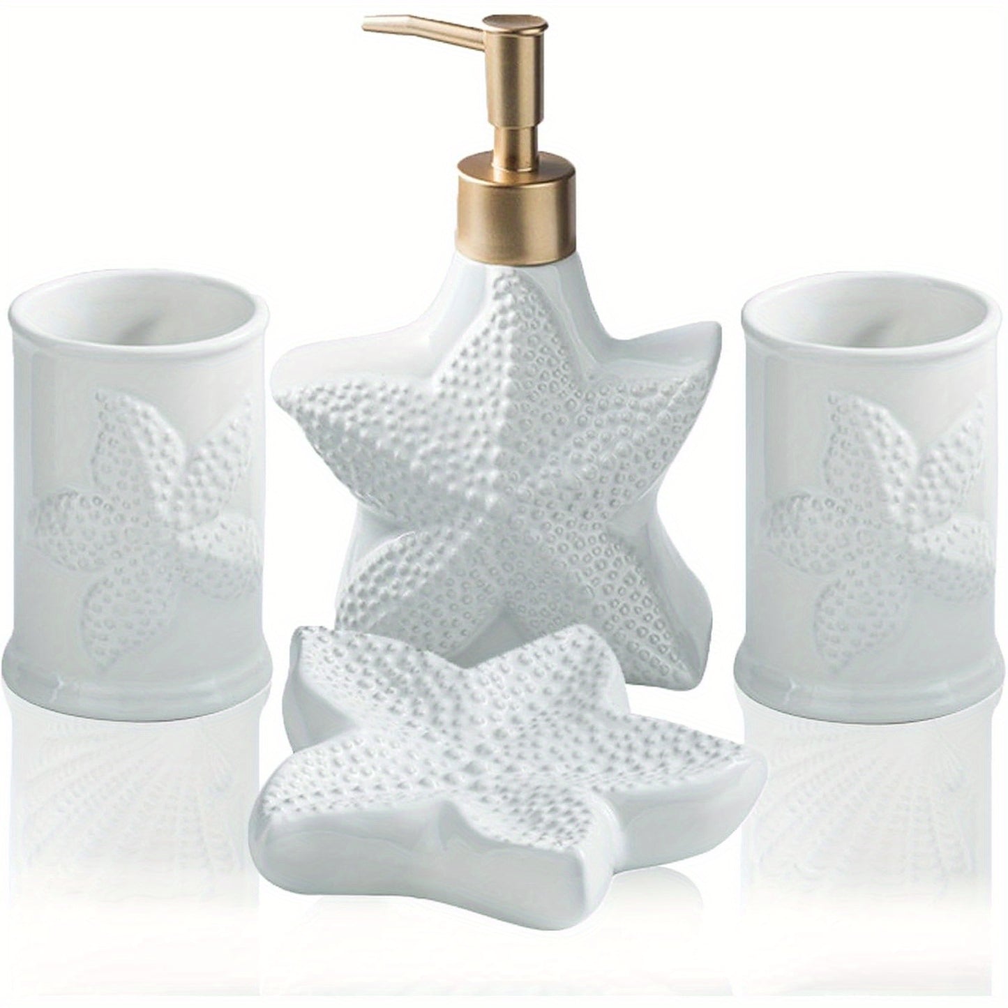 Bathroom Accessories Set, 4pcs Beach Starfish Ensemble Sets Ceramic Bathroom Counter Sets Includs Soap Dispenser Soap Dish & 2 Gargle Cup, Creative Bathroom Kit for Home Office Hotel