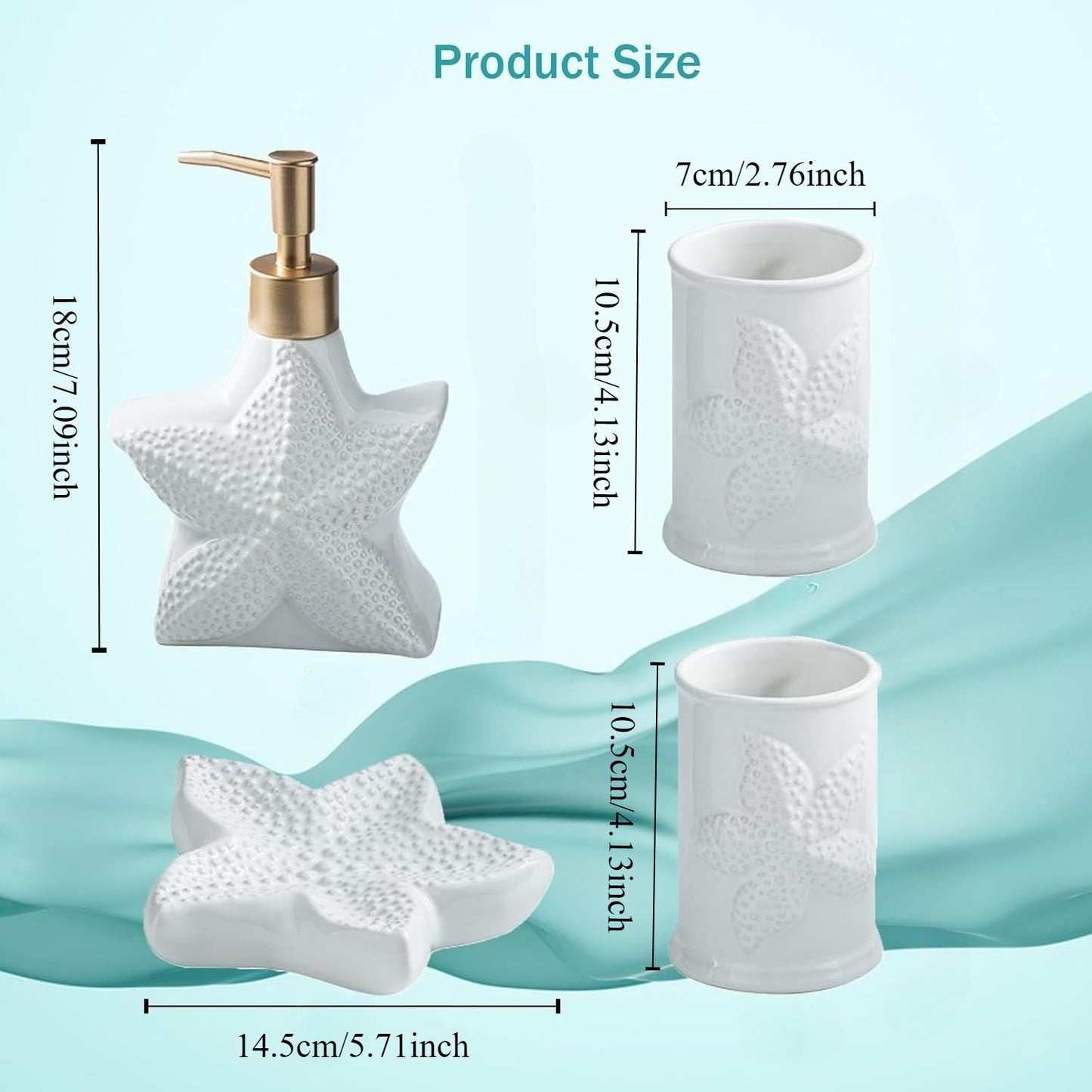 Bathroom Accessories Set, 4pcs Beach Starfish Ensemble Sets Ceramic Bathroom Counter Sets Includs Soap Dispenser Soap Dish & 2 Gargle Cup, Creative Bathroom Kit for Home Office Hotel