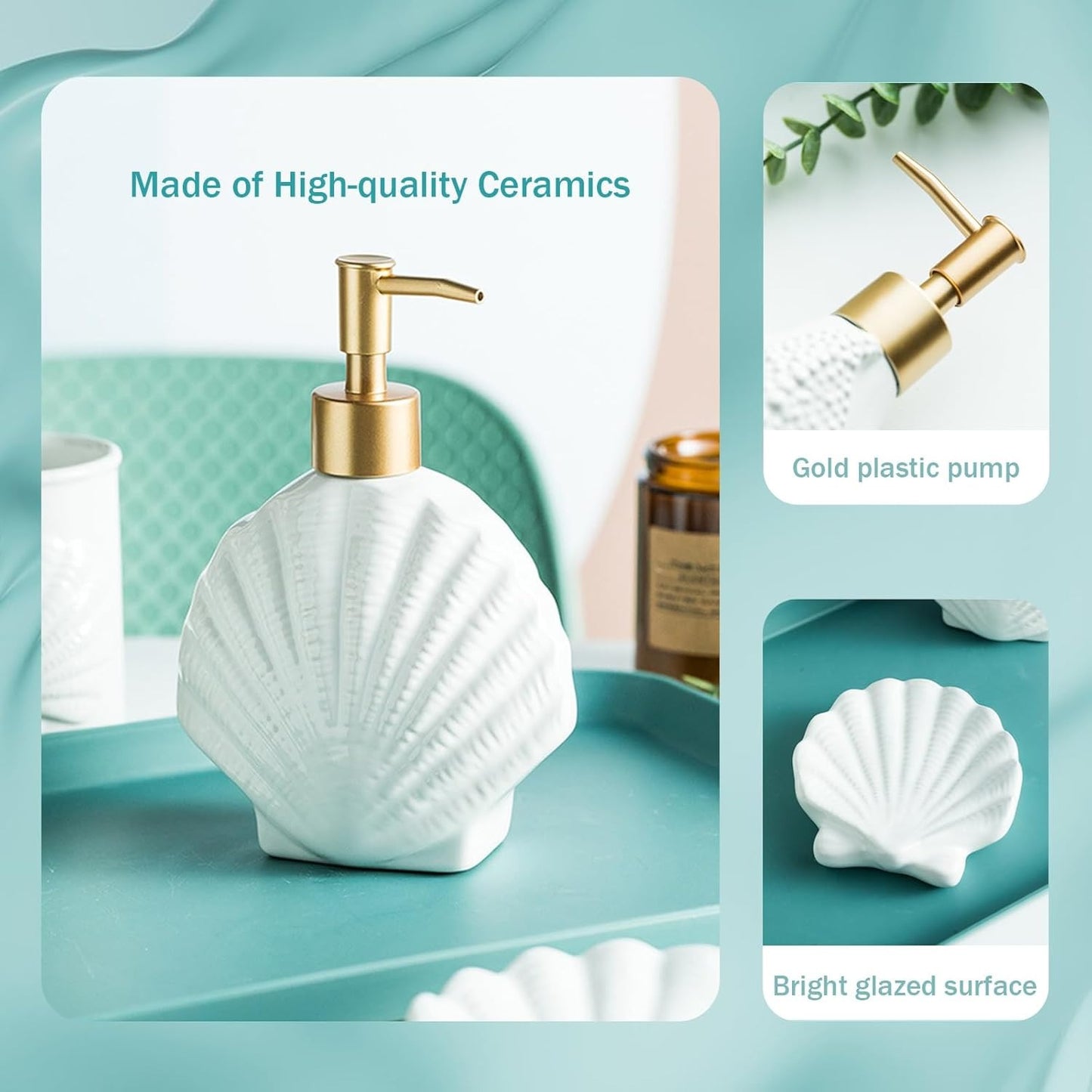Bathroom Accessories Set, 4pcs Beach Starfish Ensemble Sets Ceramic Bathroom Counter Sets Includs Soap Dispenser Soap Dish & 2 Gargle Cup, Creative Bathroom Kit for Home Office Hotel