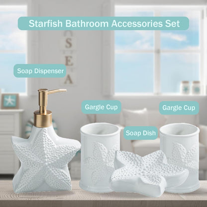 Bathroom Accessories Set, 4pcs Beach Starfish Ensemble Sets Ceramic Bathroom Counter Sets Includs Soap Dispenser Soap Dish & 2 Gargle Cup, Creative Bathroom Kit for Home Office Hotel
