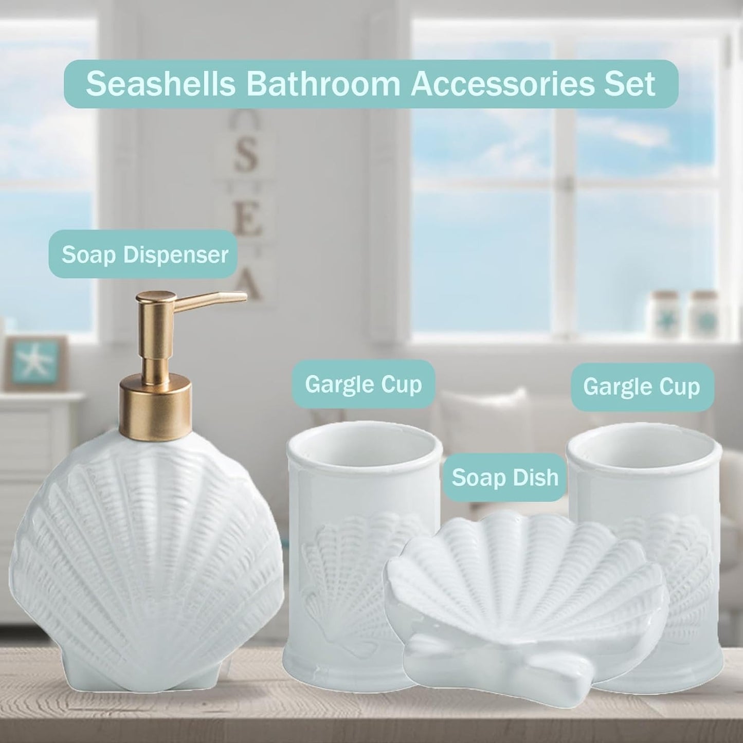 Bathroom Accessories Set, 4pcs Beach Starfish Ensemble Sets Ceramic Bathroom Counter Sets Includs Soap Dispenser Soap Dish & 2 Gargle Cup, Creative Bathroom Kit for Home Office Hotel