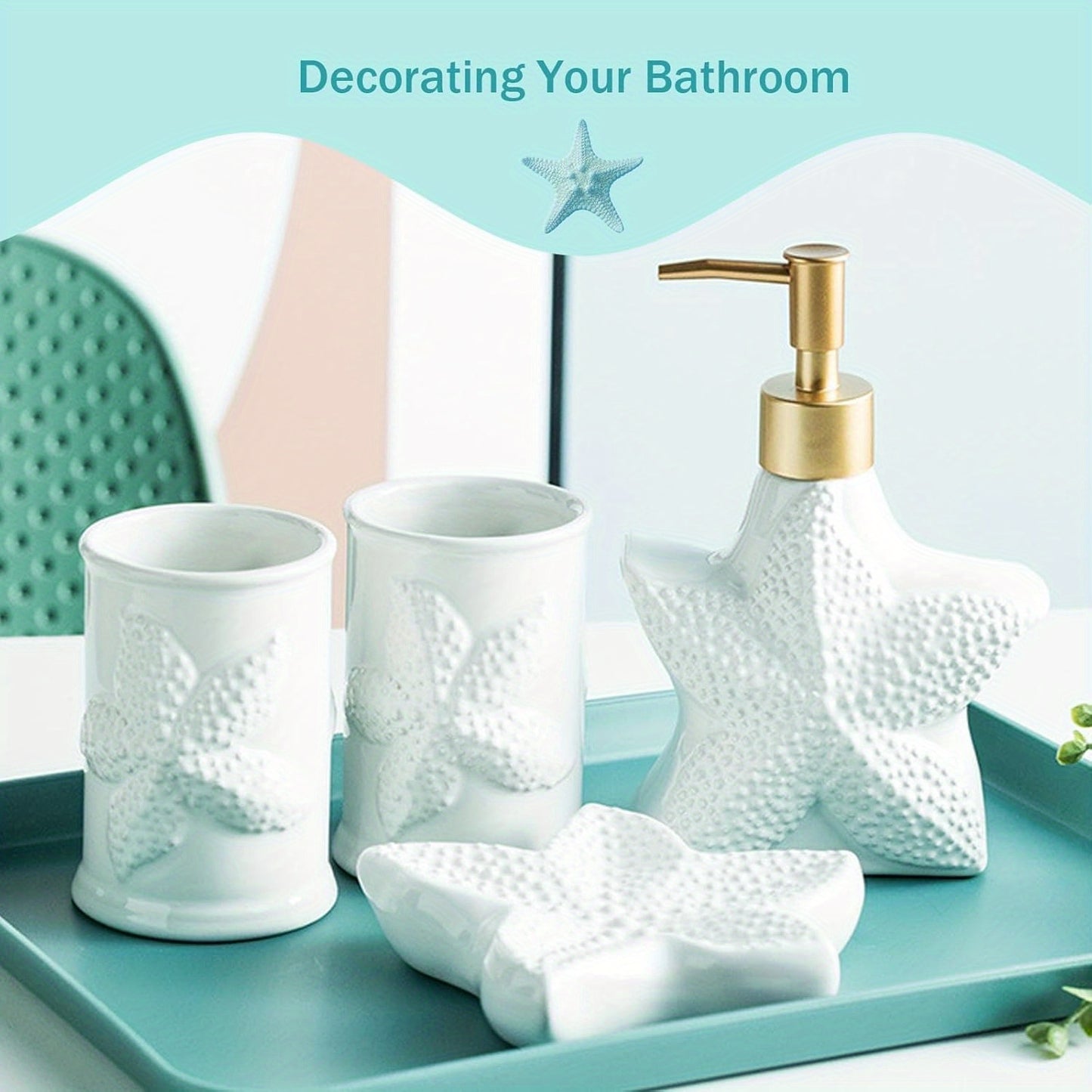 Bathroom Accessories Set, 4pcs Beach Starfish Ensemble Sets Ceramic Bathroom Counter Sets Includs Soap Dispenser Soap Dish & 2 Gargle Cup, Creative Bathroom Kit for Home Office Hotel