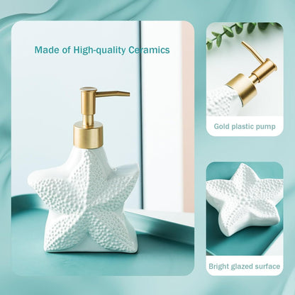 Bathroom Accessories Set, 4pcs Beach Starfish Ensemble Sets Ceramic Bathroom Counter Sets Includs Soap Dispenser Soap Dish & 2 Gargle Cup, Creative Bathroom Kit for Home Office Hotel