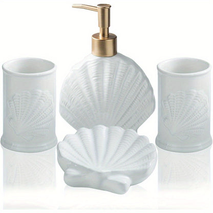 Bathroom Accessories Set, 4pcs Beach Starfish Ensemble Sets Ceramic Bathroom Counter Sets Includs Soap Dispenser Soap Dish & 2 Gargle Cup, Creative Bathroom Kit for Home Office Hotel