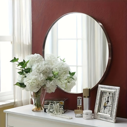 Chic Round Wall-Mounted Mirror With Stainless Steel Frame - Moisture-Resistant, Chrome Finish Vanity Mirror For Bathroom & Bedroom Decor