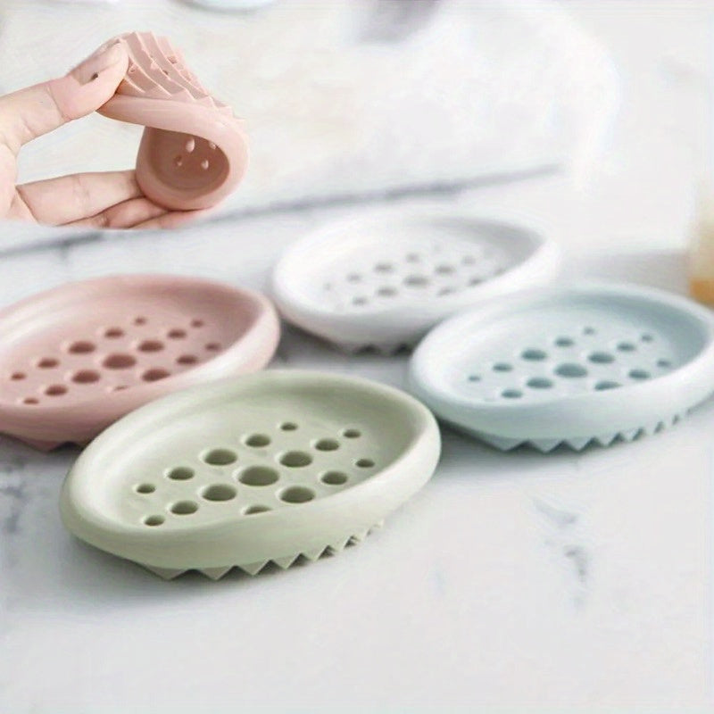 1pc Modern Silicone Soap Dish with Self-Draining System, Non-Slip Base & Rounded Edges - Pastel Colors (Pink, Mint Green, Beige, White, Light Blue) - Durable Bathroom Organizer, Space-Saving Soap Tray for Shower or Bathtub, E