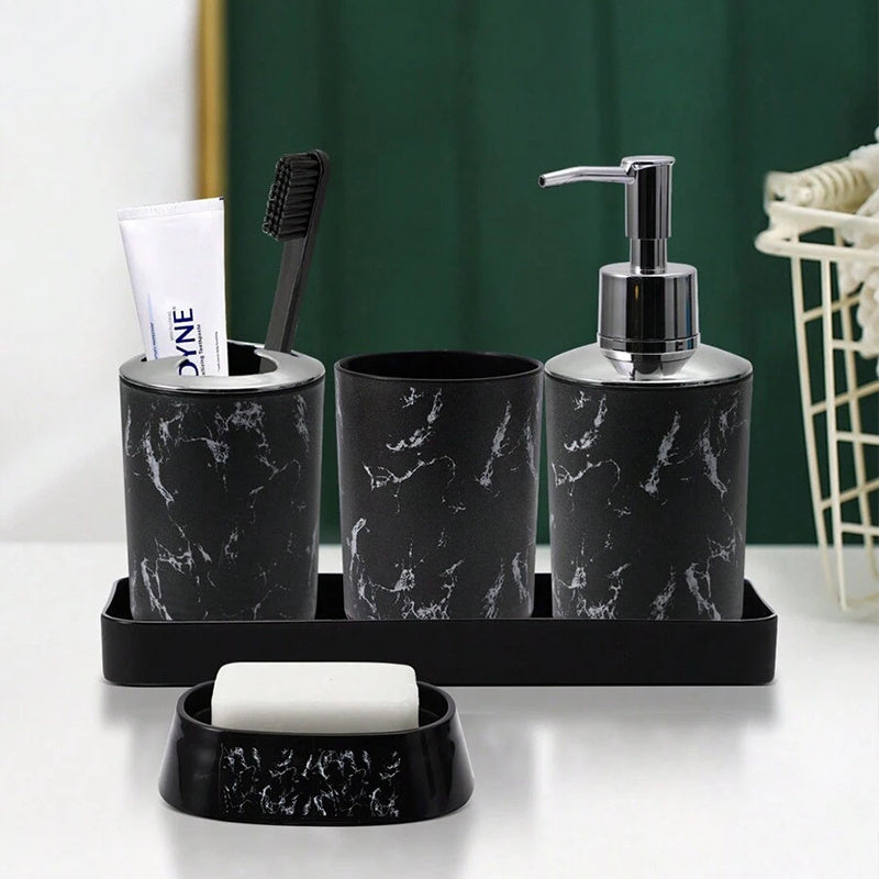 5-Piece Black Marble Bathroom Accessory Set - Durable Plastic, Toothbrush Holder, 2 Tumbler Cups, Soap Dispenser, Soap Dish with Tray