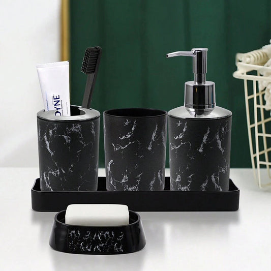 5-Piece Black Marble Bathroom Accessory Set - Durable Plastic, Toothbrush Holder, 2 Tumbler Cups, Soap Dispenser, Soap Dish with Tray