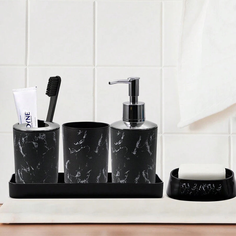 5-Piece Black Marble Bathroom Accessory Set - Durable Plastic, Toothbrush Holder, 2 Tumbler Cups, Soap Dispenser, Soap Dish with Tray