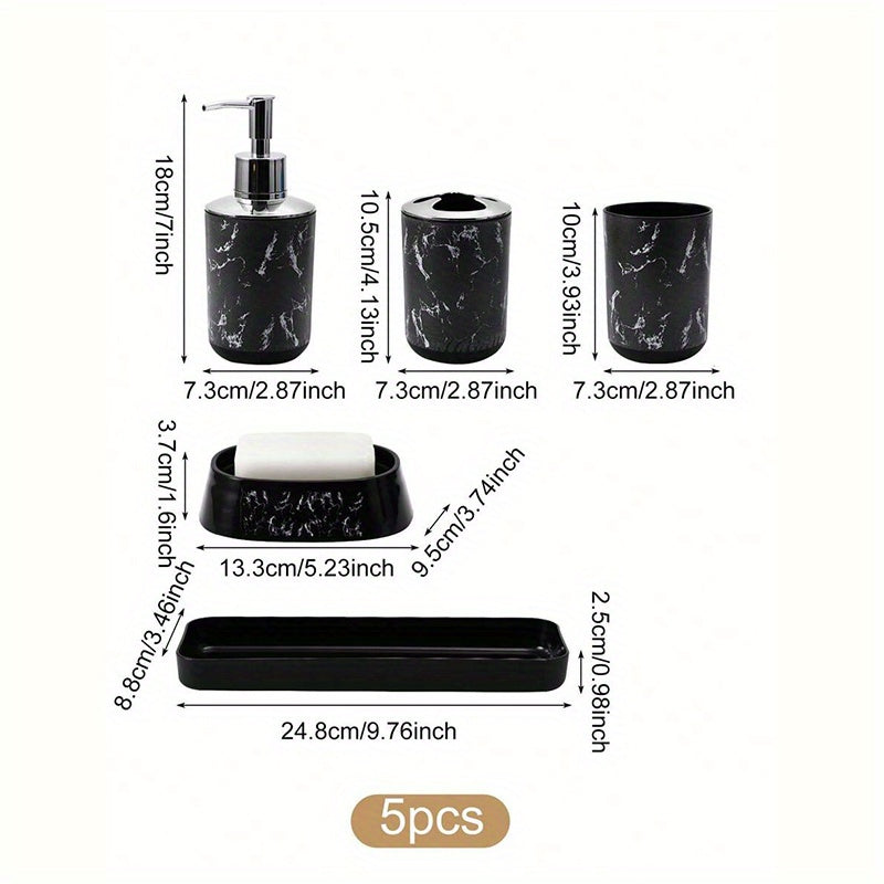 5-Piece Black Marble Bathroom Accessory Set - Durable Plastic, Toothbrush Holder, 2 Tumbler Cups, Soap Dispenser, Soap Dish with Tray