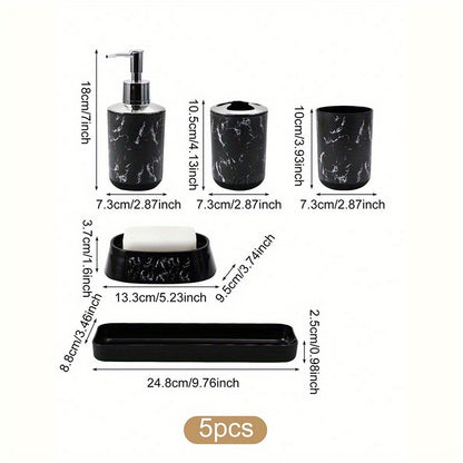 5-Piece Black Marble Bathroom Accessory Set - Durable Plastic, Toothbrush Holder, 2 Tumbler Cups, Soap Dispenser, Soap Dish with Tray